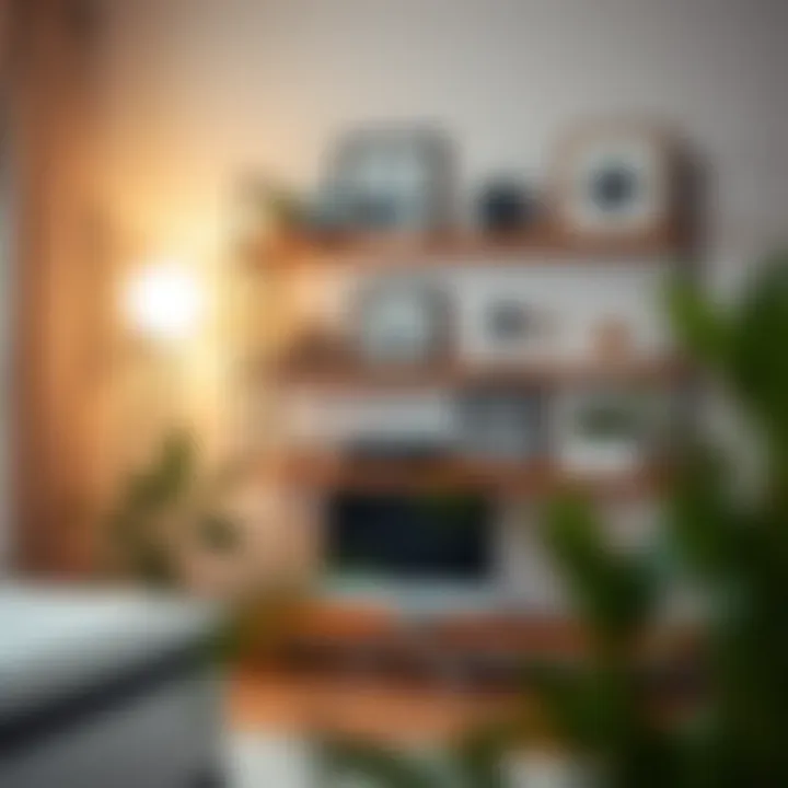 Stylish 43 inch wall shelf displaying decorative items in a home office