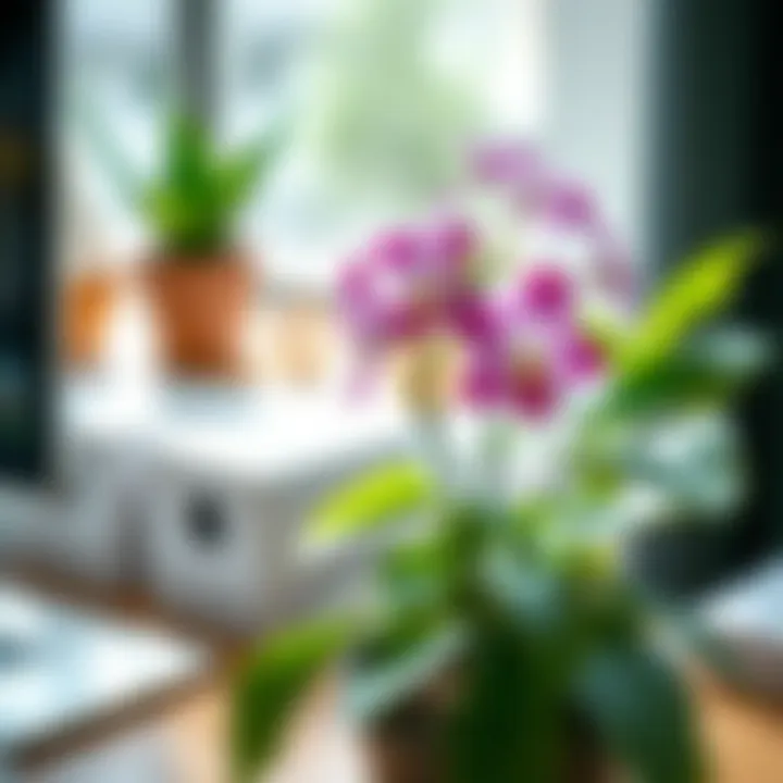 Close-up of a healthy flowering plant on a desk