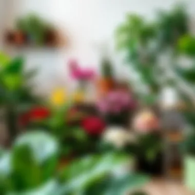 Various flowering plants arranged in an office corner