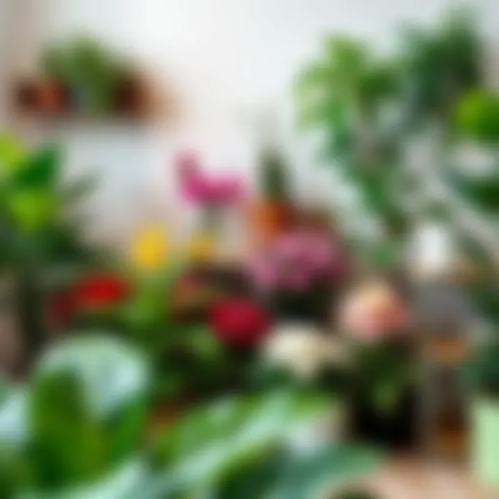 Various flowering plants arranged in an office corner