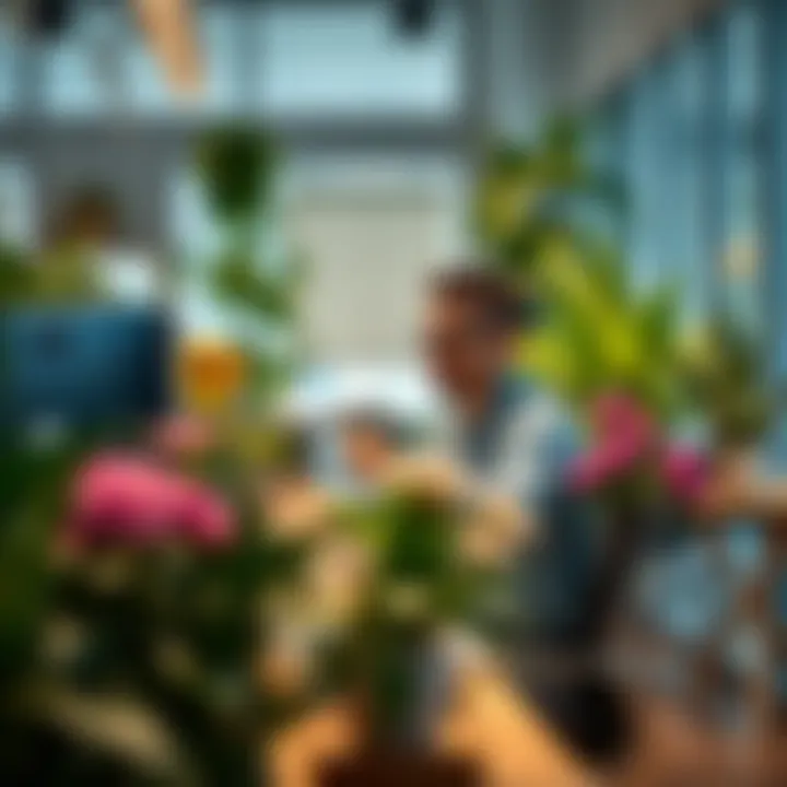 Employee enjoying a workspace enriched with flowering plants