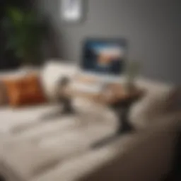 Ergonomic laptop desk positioned on a couch, showcasing comfort and productivity.
