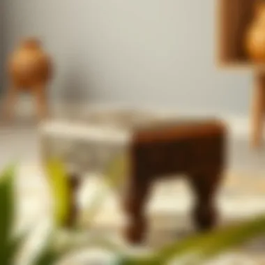 Artisan Crafted Wooden Footstool Intricately designed wooden footstool with carvings