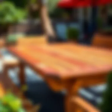 Vibrant Outdoor Table Stain A vibrant outdoor table showcasing the beauty of a fresh stain application under natural light