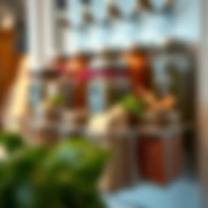 Herbs and Spices Display Close-up of herbs and spices in stylish jars within an over the door holder