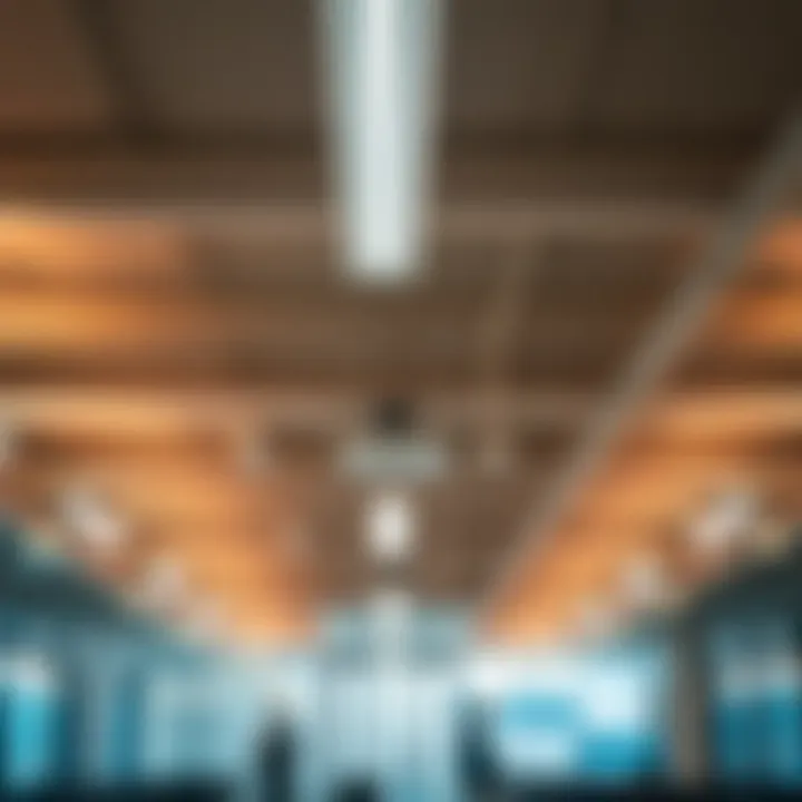 LED Overhead Lighting in a Contemporary Workspace LED overhead lights illuminating an office space with a modern design