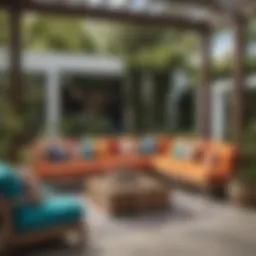 A vibrant outdoor seating area adorned with colorful ready-made cushions, showcasing style and comfort.