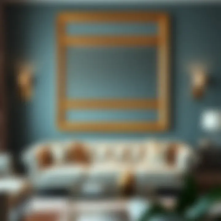 Elegant rectangular gold mirror above a stylish sofa