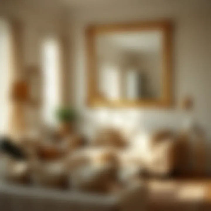 Gold mirror reflecting natural light in a cozy living space