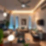 A modern living room illuminated by smart light bulbs