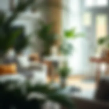 Cozy Living Space with Tall Table Stylish tall table surrounded by decorative elements and plants in a cozy living area.