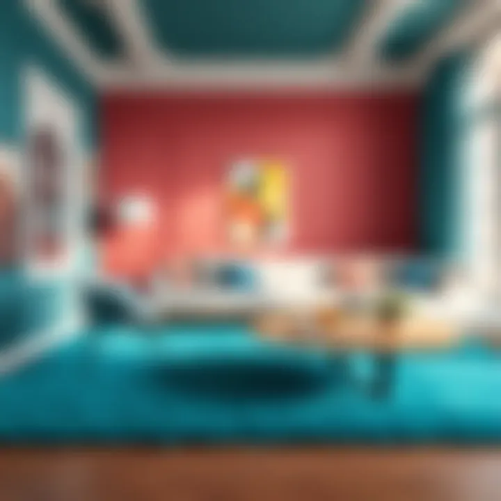 Vibrant Interior with Teal Shag Carpet Stylish interior featuring teal shag carpet and vibrant decor