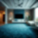 Luxurious teal shag carpet in a modern living room