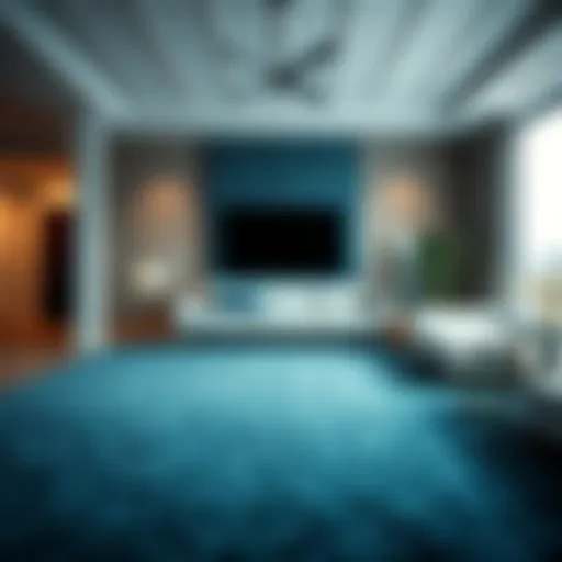 Luxurious teal shag carpet in a modern living room