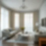 Elegant living room featuring white silver curtains