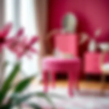 A vibrant hot pink vanity stool paired with elegant accessories