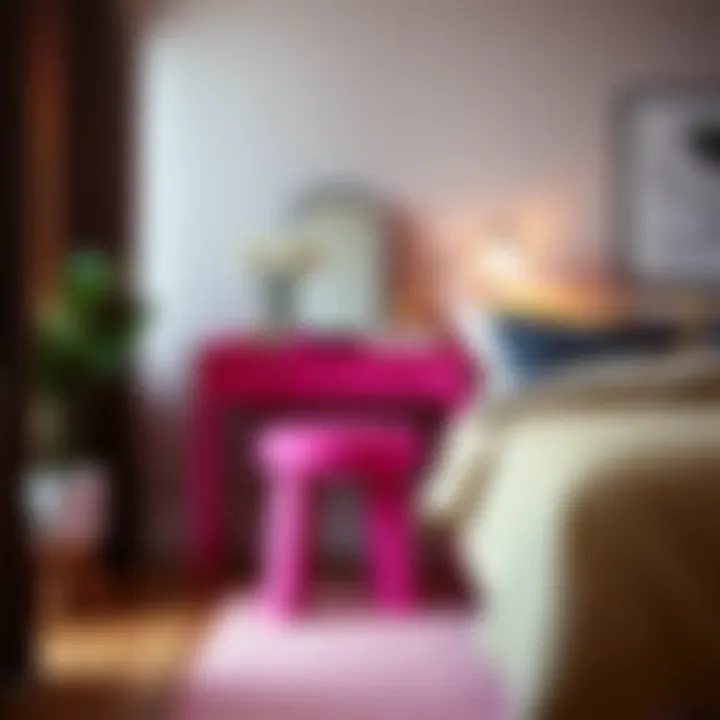 Stylish hot pink vanity stool in a modern bedroom setting