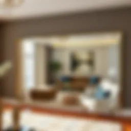 Elegant long wall mirror reflecting a stylish living room