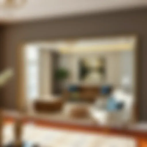 Elegant Long Wall Mirror in Living Room Elegant long wall mirror reflecting a stylish living room