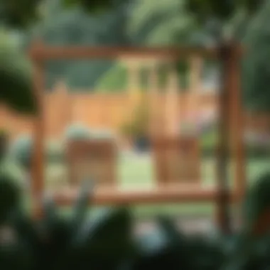 Elegant wooden two-seat swing in a serene garden setting