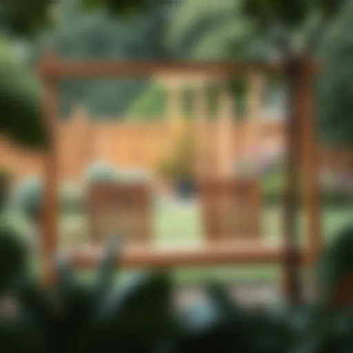 Elegant wooden two-seat swing in a serene garden setting