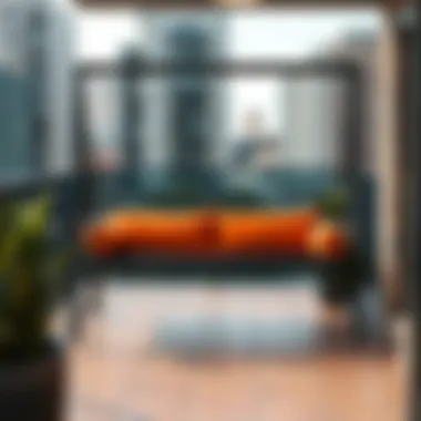 Modern metal two-seat swing on an urban balcony