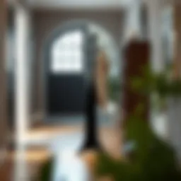 A stylish black coat tree stand in a modern entryway