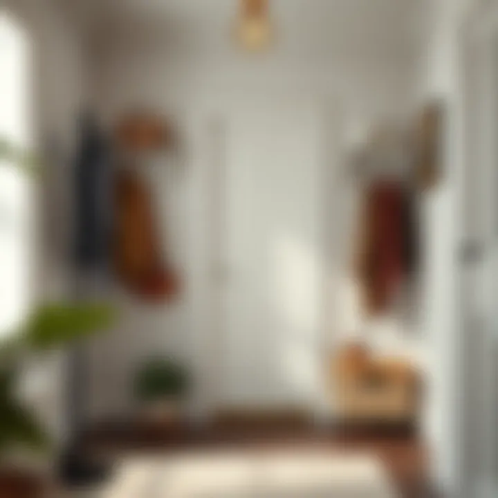 Organized Hallway with Black Coat Tree Stand A beautifully organized hallway featuring a black coat tree stand