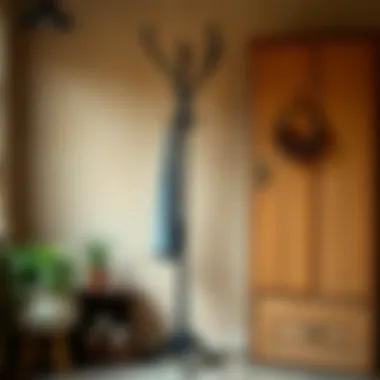 Vintage Black Coat Tree Stand in Rustic Setting A vintage black coat tree stand against a rustic backdrop