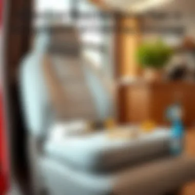 Caring for a seat cushion with cleaning tools and maintenance tips displayed