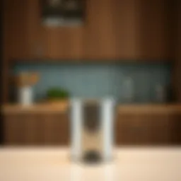 An elegant tiny trash can with a lid placed in a modern kitchen setting, showcasing its design and functionality.