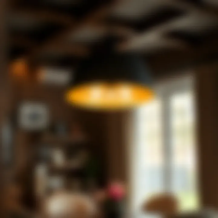 Stylish Black and Wood Ceiling Light in Cozy Dining Area Stylish black and wood ceiling light illuminating a cozy dining area