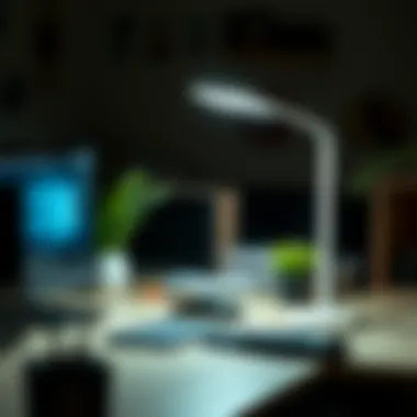 LED Lamp Enhancing Workspace Productivity A setup of a well-lit workspace featuring a stylish LED lamp enhancing productivity and comfort