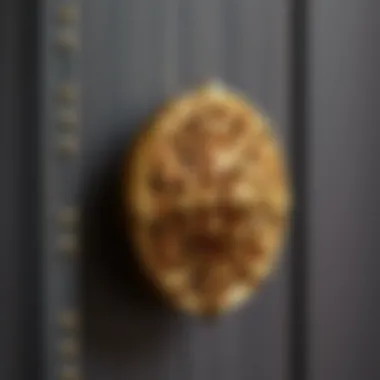 Close-up of intricate design on gold cabinet finger pull