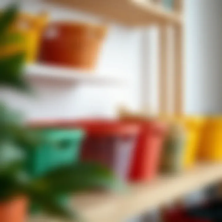Aesthetic arrangement of colorful plastic wicker storage baskets on a shelf