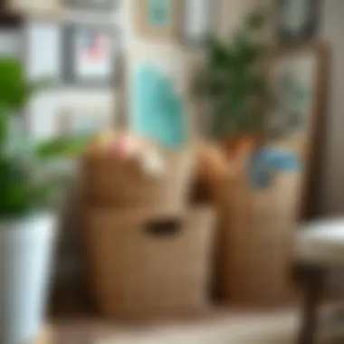 Functional use of plastic wicker baskets for organization in a home office