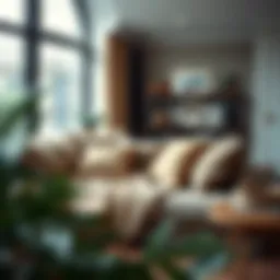Cozy living room featuring beige blankets on a sofa