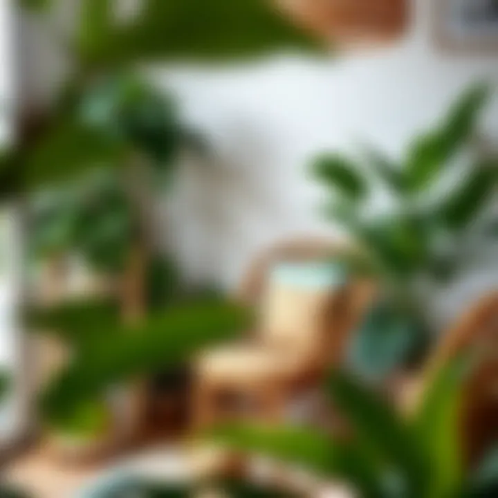 Brown wicker chair paired with lush indoor plants