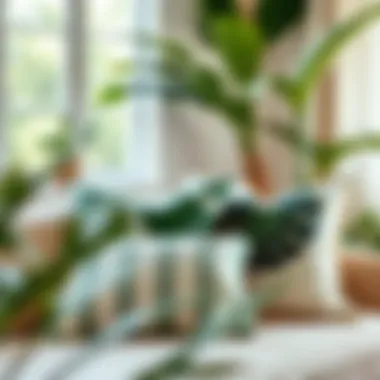 Vibrant Integration of Nature in Interior Décor Stylish arrangement of tropical leaf pillows in a bright room