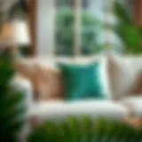 Luxurious tropical leaf throw pillow on a modern sofa