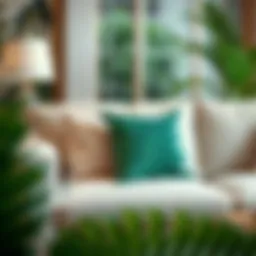 Luxurious tropical leaf throw pillow on a modern sofa
