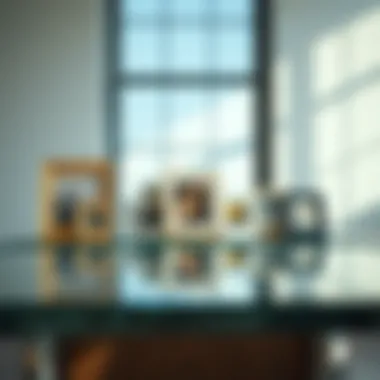 Modern glass table showcasing picture frames Modern glass table with a stylish arrangement of frame displays