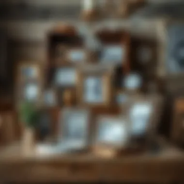 Rustic table adorned with picture frames Rustic table featuring a charming assortment of picture frames