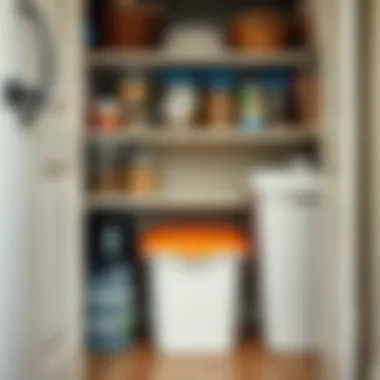 An organized pantry showcasing a 55 quart dog food container among other pet supplies