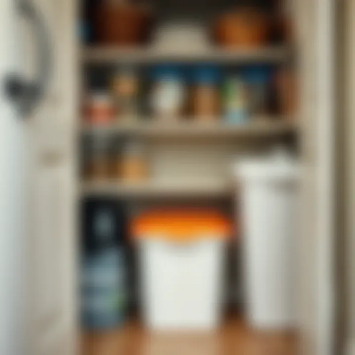 An organized pantry showcasing a 55 quart dog food container among other pet supplies