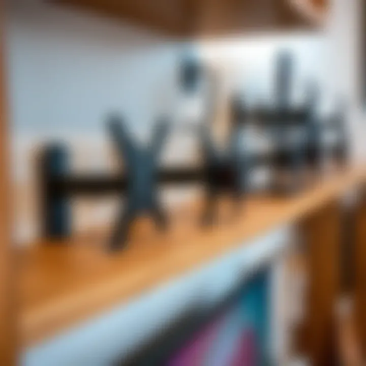 Different Types of TV Wall Mount Brackets A close-up view of various TV wall mount brackets arranged on a shelf.