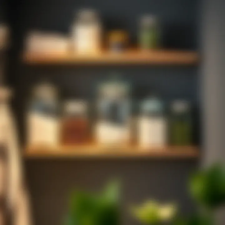 Stylish Organization: Clear Jars on Display Stylish bathroom shelf organized with clear jars