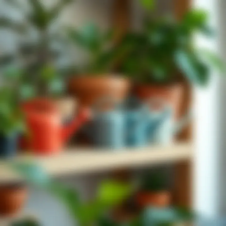 Aesthetic Display of Watering Cans and Plants Aesthetic arrangement of small watering cans on a shelf with plants