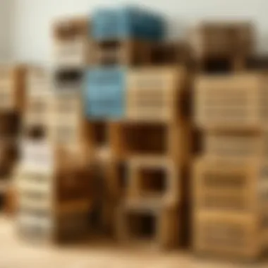 Creative Stacking of Wooden Crates A variety of wooden crates stacked creatively