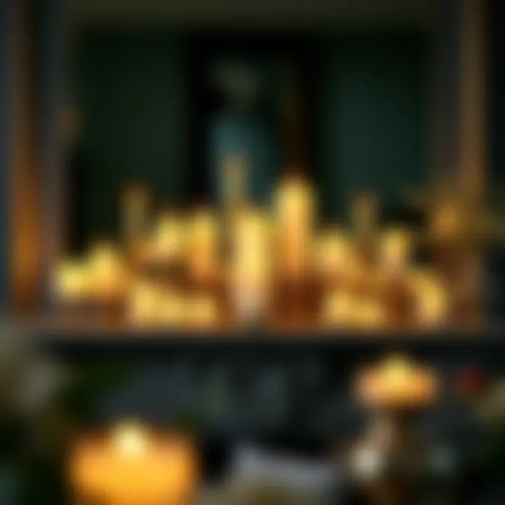 A collection of elegant flameless flickering candles arranged on a stylish mantelpiece